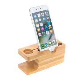 Support en bois pour smartphone et apple watch, avec organiseur de câbles.