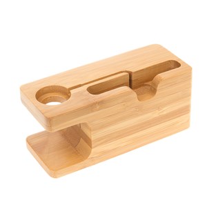 Support en bois pour smartphone et apple watch, avec organiseur de câbles.