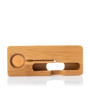 Support en bois pour smartphone et apple watch, avec organiseur de câbles.