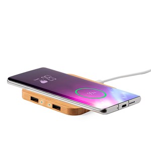 Chargeur nature bambou sans fil 10w charge rapide. 2 sorties usb