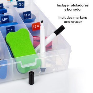 Tableau magnétique avec lettres, 2 marqueurs et une gomme.