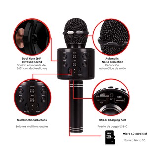 Microphone karaoke multifonction avec lumières et haut-parleur intégrés.