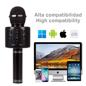 Microphone karaoke multifonction avec lumières et haut-parleur intégrés.