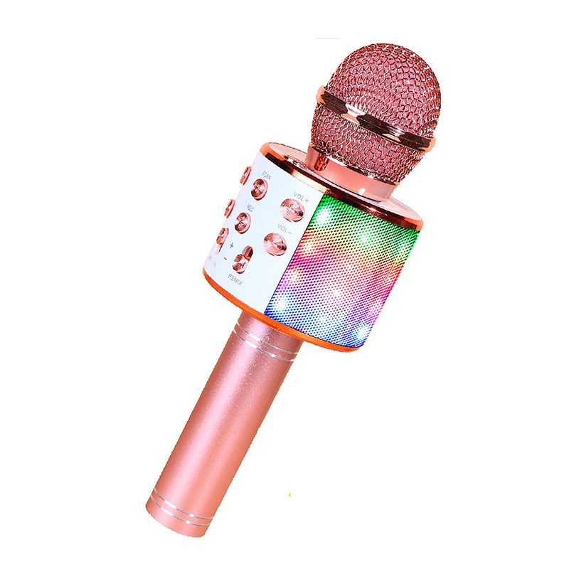 Microphone karaoke multifonction avec lumières et haut-parleur intégrés.