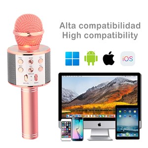 Microphone karaoke multifonction avec lumières et haut-parleur intégrés.