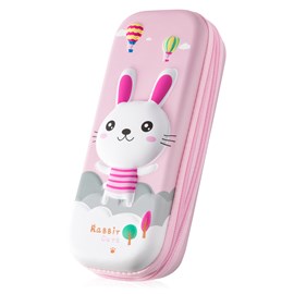 Trousse à deux étages, avec double zip. Design lapin en 3d.