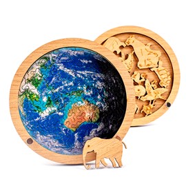 Puzzle double et cadre en bois avec 34 + 20 pièces. Design terre et animaux.