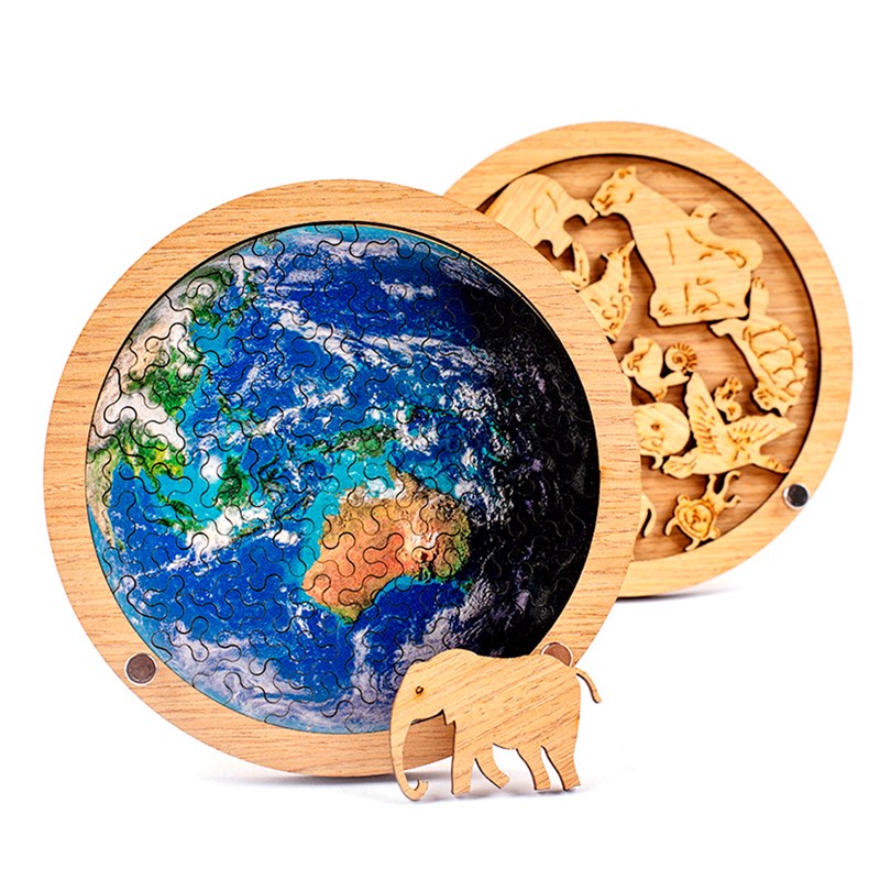 Puzzle double et cadre en bois avec 34 + 20 pièces. Design terre et animaux.