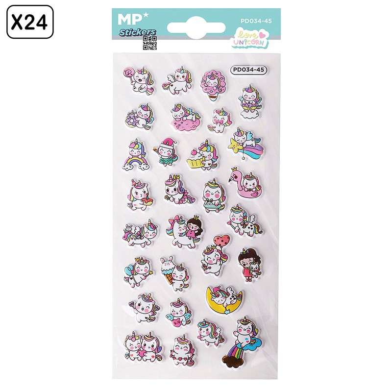 Pack 24 uds. Autocollants stickers en relief design unicorn