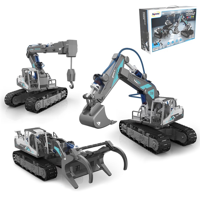 Machine hydraulique 3 en 1 : excavatrice, grue et chargeur de bois.