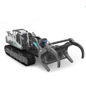 Machine hydraulique 3 en 1 : excavatrice, grue et chargeur de bois.