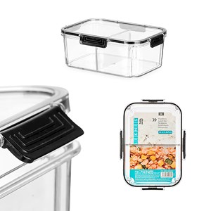 Boîte hermétique transparente noire avec feuille de séparation amovible.