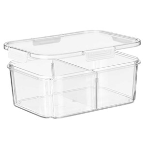 Bento box hermétique transparent avec feuille de séparation amovible.