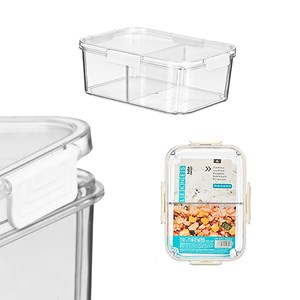 Bento box hermétique transparent avec feuille de séparation amovible.