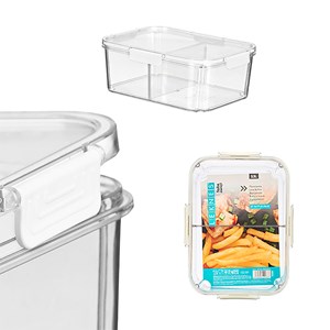 Boîte hermétique transparente avec feuille de séparation amovible.