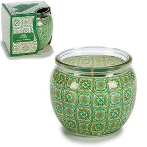 Bougie parfumée dans un pot en verre au parfum de gingembre et de citron vert.