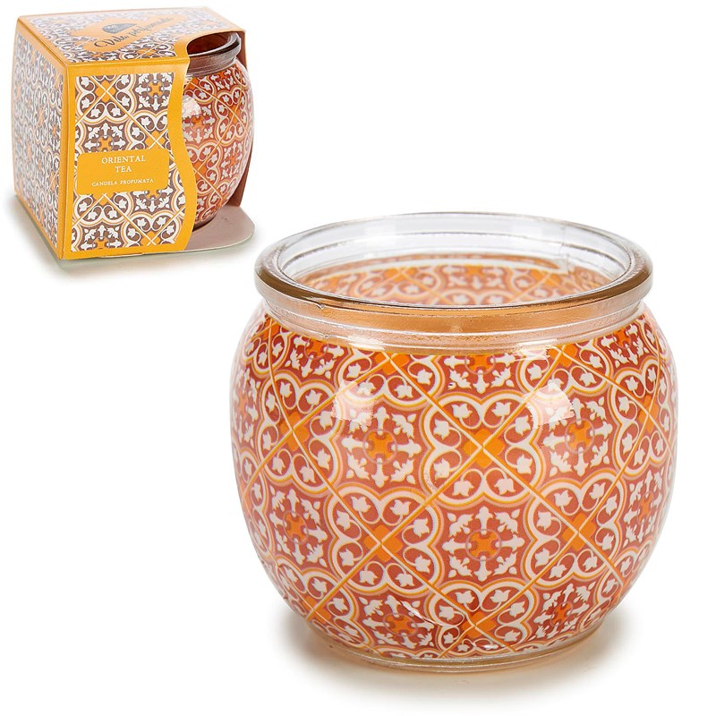 Bougie parfumée en pot en verre odeur de thé oriental.