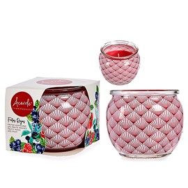 Bougie parfumée dans un pot en verre au parfum de fruits des bois.