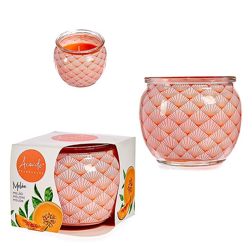 Bougie parfumée dans un pot en verre odeur de melon.