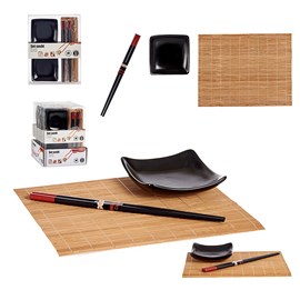 Jeu de sushi en céramique et bambou, 6 pièces.