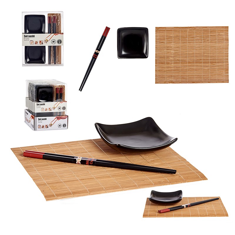 Jeu de sushi en céramique et bambou, 6 pièces.
