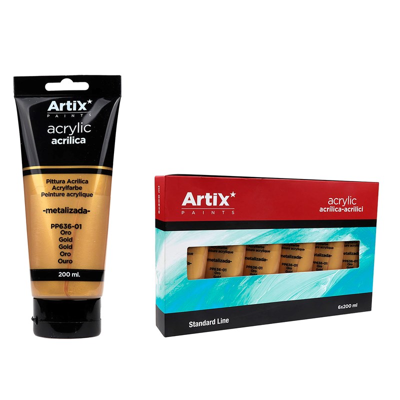Pack de 6 uds. Peinture acrylique tube 200 ml or metallique