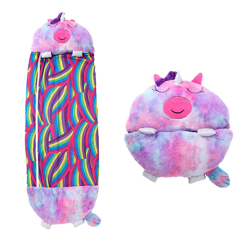 Sac de couchage convertible en coussin, pour enfants, licorne multicolore.