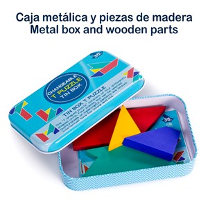 Puzzle en bois présenté dans une boîte en métal. Inclut un livret avec 48 défis.