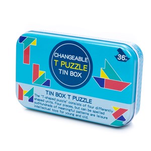 Puzzle en bois présenté dans une boîte en métal. Inclut un livret avec 48 défis.