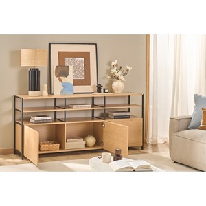 Buffet 3 portes finition bois clair chêne et métal noir l180 cm maxence