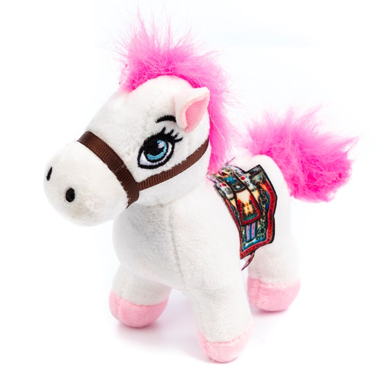Peluche extra doux et moelleux avec pendentif. Design poney avec selle. 12 cm.