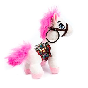 Peluche extra doux et moelleux avec pendentif. Design poney avec selle. 12 cm.