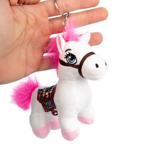 Peluche extra doux et moelleux avec pendentif. Design poney avec selle. 12 cm.