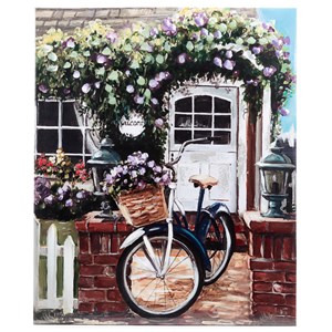 Cadre 50x60 design vélo vintage et maison avec des fleurs.