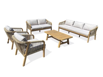 Salon bas de jardin 7 places en bois d'acacia et corde tissée