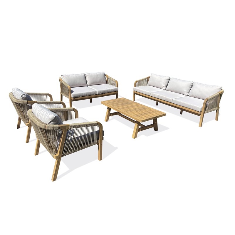 Salon bas de jardin 7 places en bois d'acacia et corde tissée