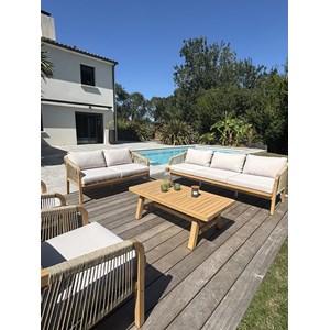 Salon bas de jardin 7 places en bois d'acacia et corde tissée