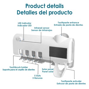 Stérilisateur et support pour 4 brosses à dents avec distributeur de dentifrice.