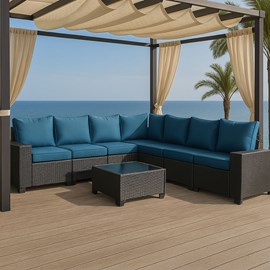 Lazaro salon de jardin d'angle 7 places en résine tressée avec table gris et ble