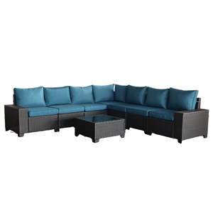 Lazaro salon de jardin d'angle 7 places en résine tressée avec table gris et ble