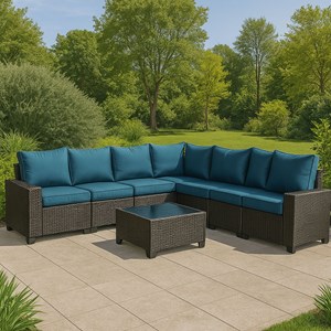 Lazaro salon de jardin d'angle 7 places en résine tressée avec table gris et ble