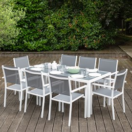 Salon de jardin bari en textilène gris 8 places - aluminium blanc