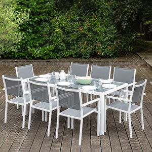 Salon de jardin bari en textilène gris 8 places - aluminium blanc