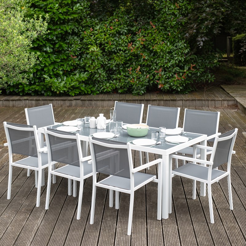 Salon de jardin bari en textilène gris 8 places - aluminium blanc