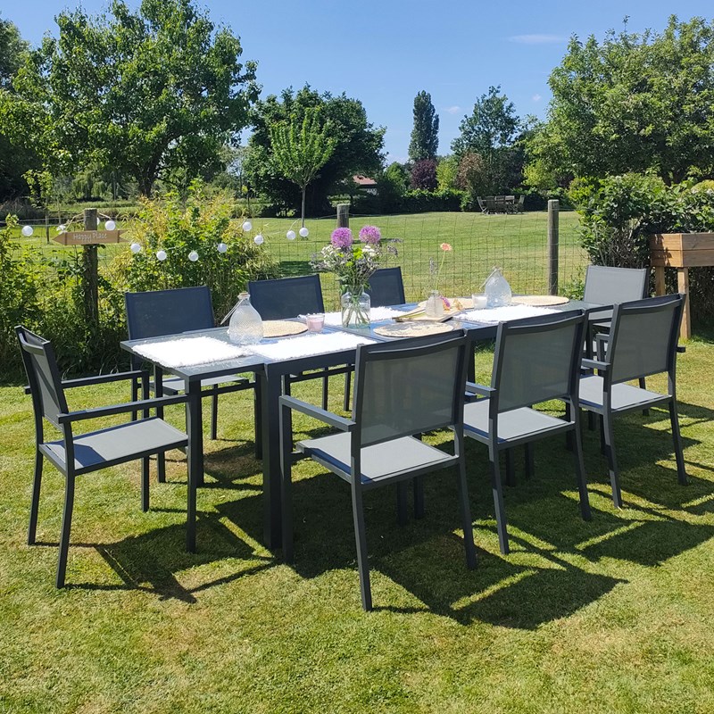 Salon de jardin firenze extensible textilène gris 8 places, aluminium anthracite