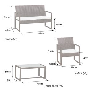 Salon de jardin majorque en résine tressée noir 4 places - coussins ivoire