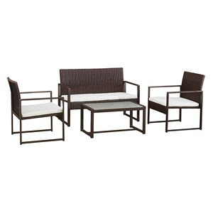 Salon de jardin majorque résine tressée marron 4 pl. Coussins ivoire