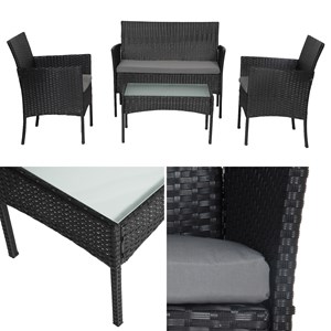 Salon de jardin cordoue 4 places en résine tressée noire coussins gris