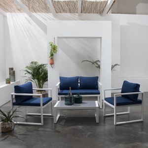 Salon de jardin ibiza en tissu bleu 4 places - aluminium blanc