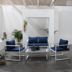 Salon de jardin ibiza en tissu bleu 4 places - aluminium blanc